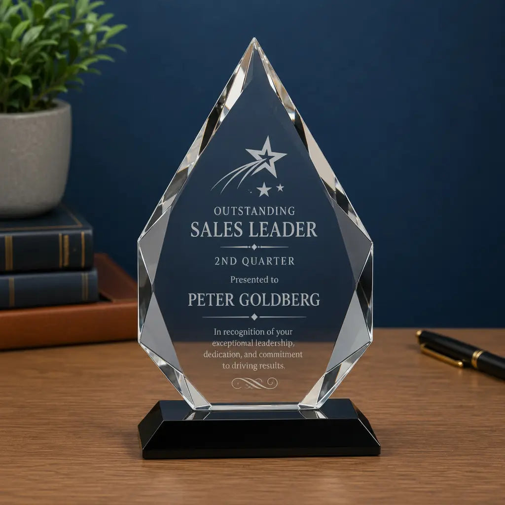 Personalized Diamond Crystal Award with Black Pedestal Base | Custom Engraved Recognition Award Sams Engraving and Gifts