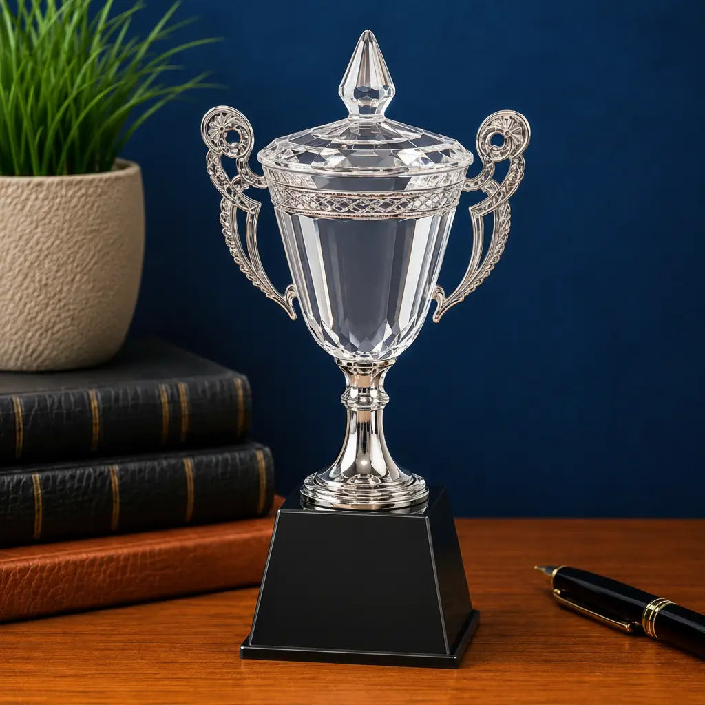 Personalized Crystal Cup Award with Silver Handles & Stem | Custom Engraved Recognition Award Sams Engraving and Gifts