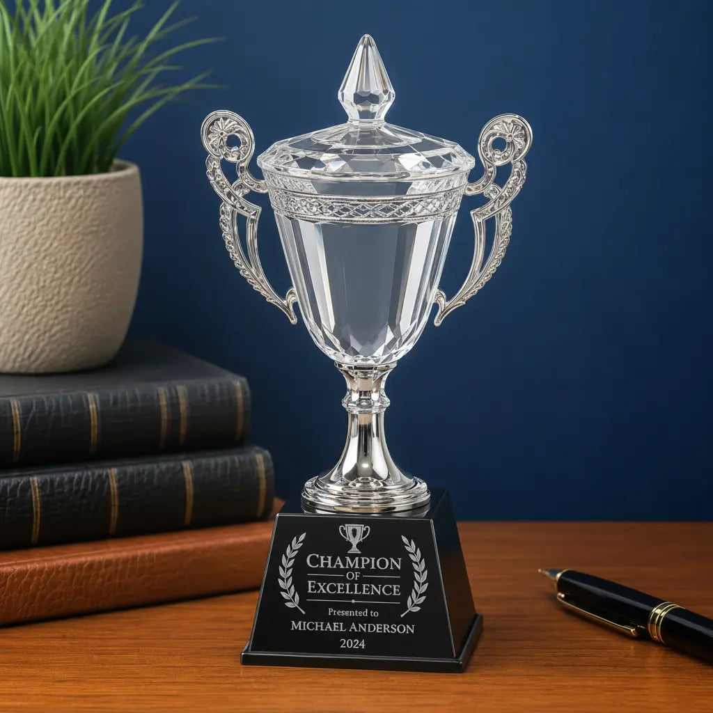 Personalized Crystal Cup Award with Silver Handles & Stem | Custom Engraved Recognition Award Sams Engraving and Gifts