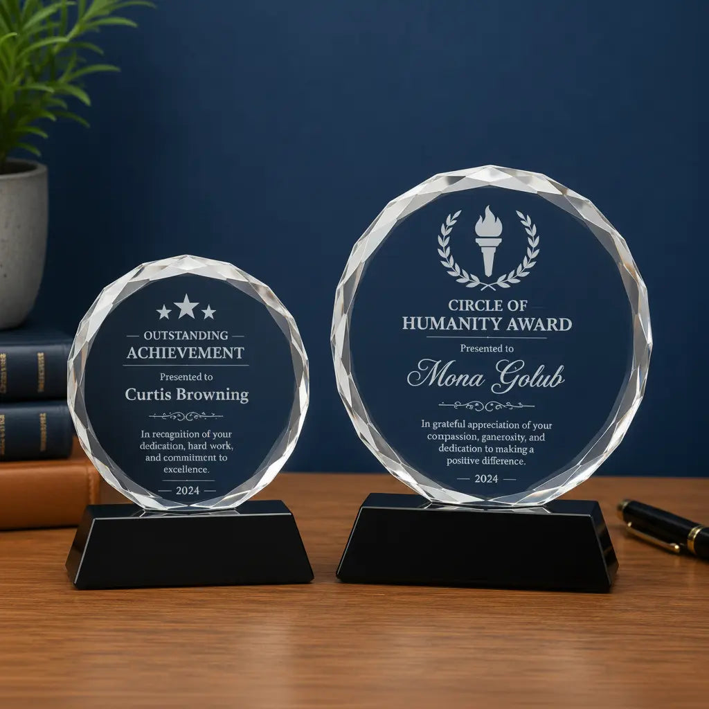 Personalized Round Facet Crystal Award with Black Pedestal Base | Custom Engraved Recognition Award Sams Engraving and Gifts