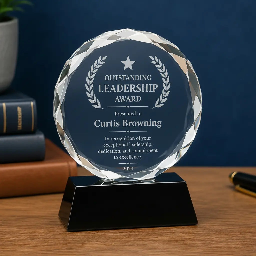Personalized Round Facet Crystal Award with Black Pedestal Base | Custom Engraved Recognition Award Sams Engraving and Gifts