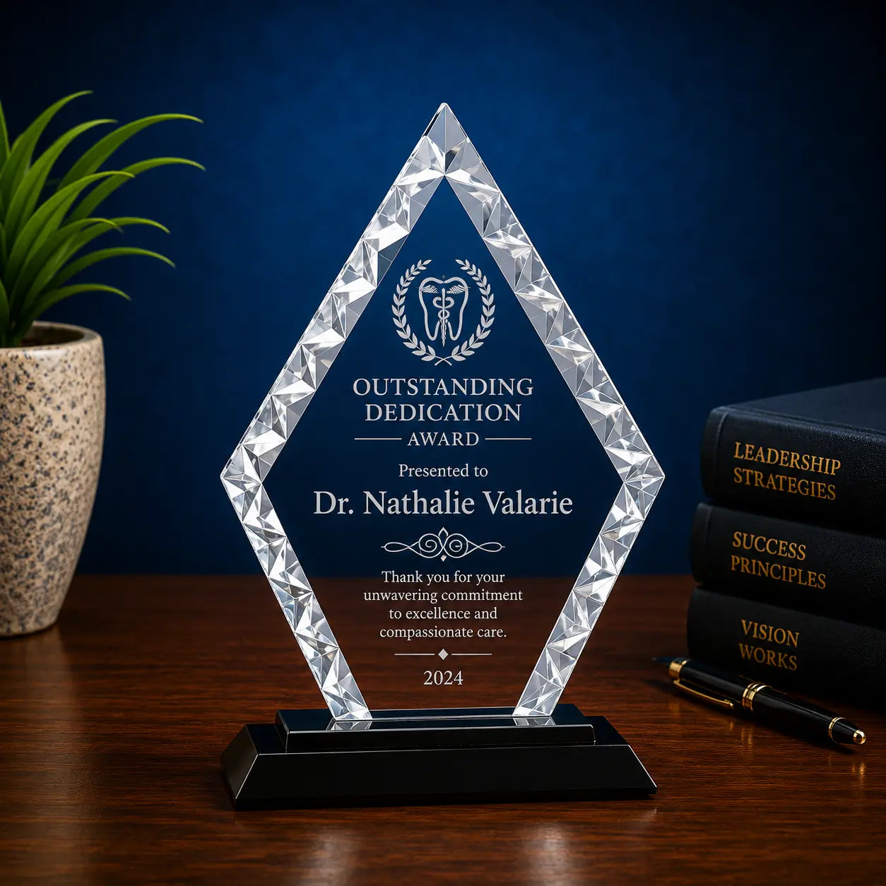 Personalized Diamond Accent Glass Award with Black or Blue Base | Custom Engraved Recognition Award Sams Engraving and Gifts