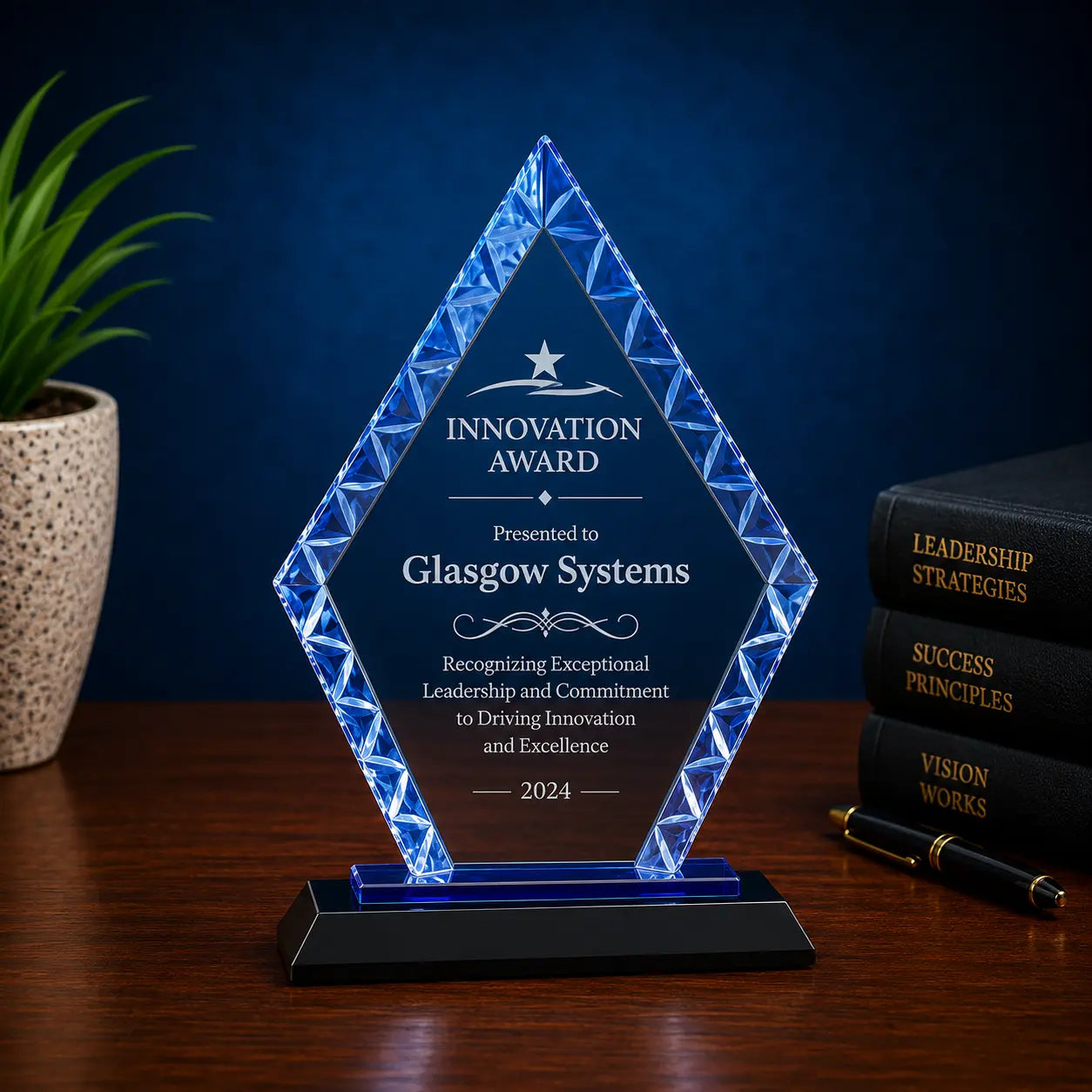 Personalized Diamond Accent Glass Award with Black or Blue Base | Custom Engraved Recognition Award Sams Engraving and Gifts