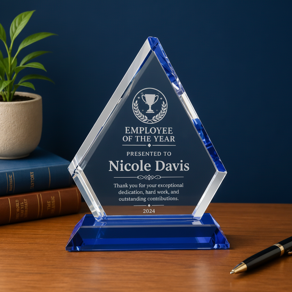 Personalized Crystal Diamond Award with Blue Pedestal Base | Custom Engraved Recognition Award Sams Engraving and Gifts