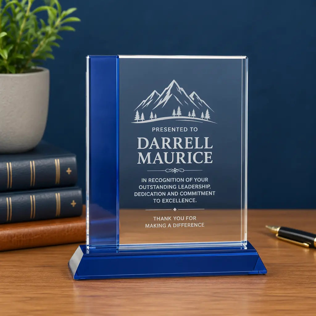 Personalized Blue Edge Crystal Award on Blue Base | Custom Engraved Recognition Award Sams Engraving and Gifts