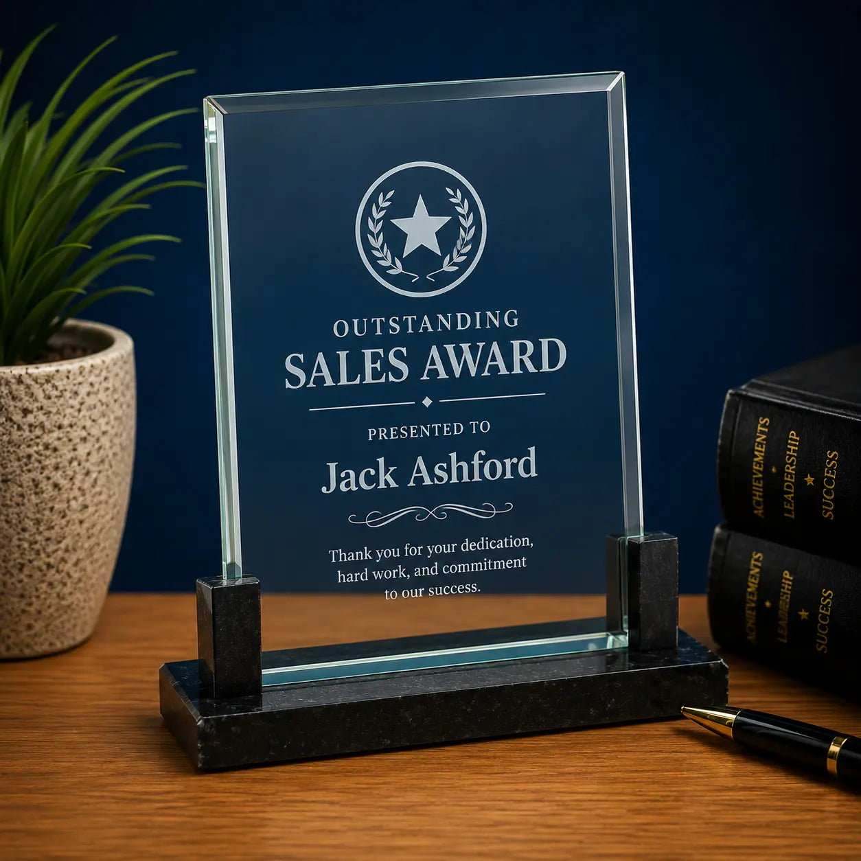 Personalized Rectangle Glass Award with Black Marble Base | Custom Engraved Recognition Award Sams Engraving and Gifts