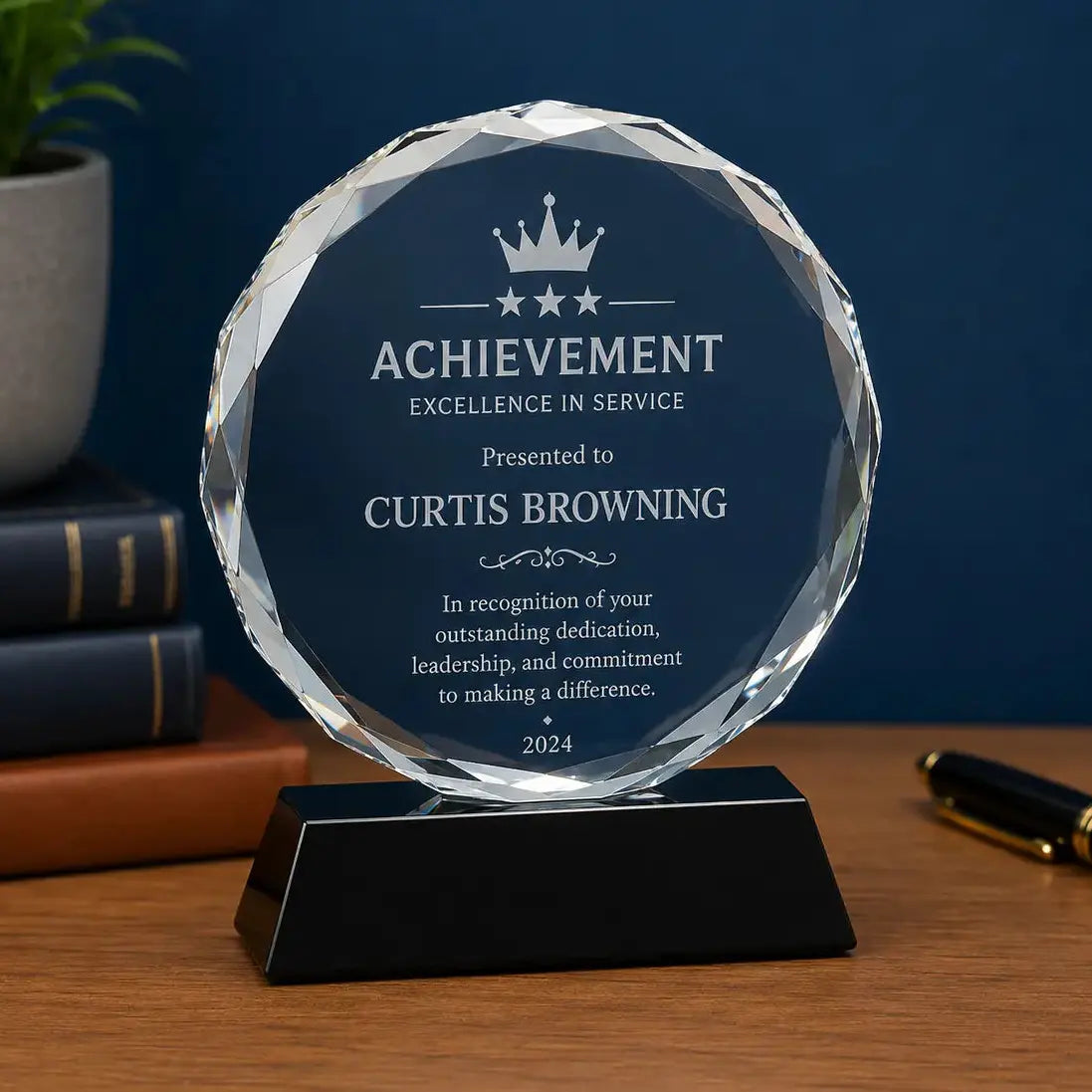 Personalized Round Facet Crystal Award with Black Pedestal Base | Custom Engraved Recognition Award Sams Engraving and Gifts