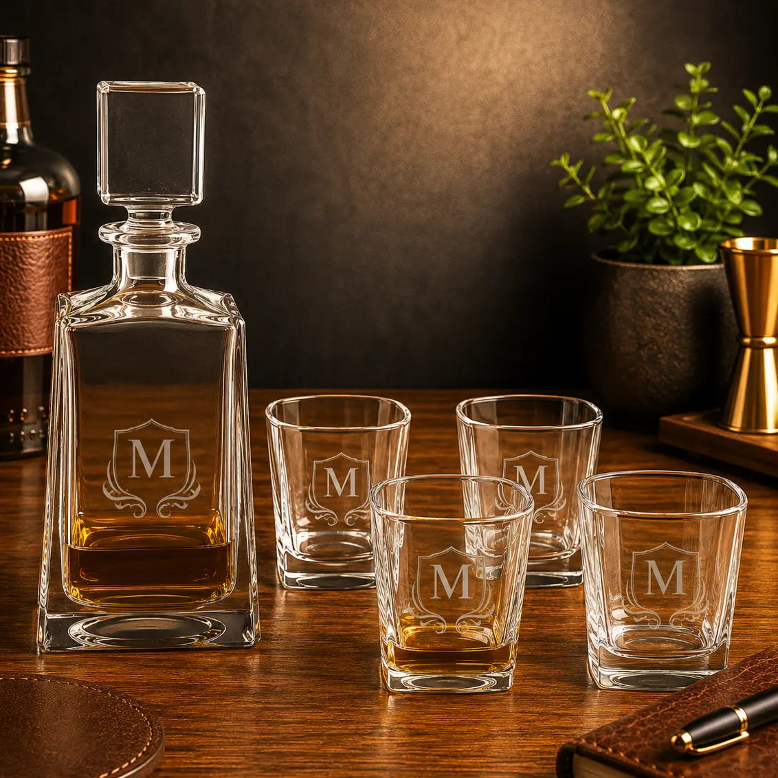 Personalized Tequila Decanter Gift Set with Four Glasses | Custom Engraved Gift Set Sams Engraving and Gifts