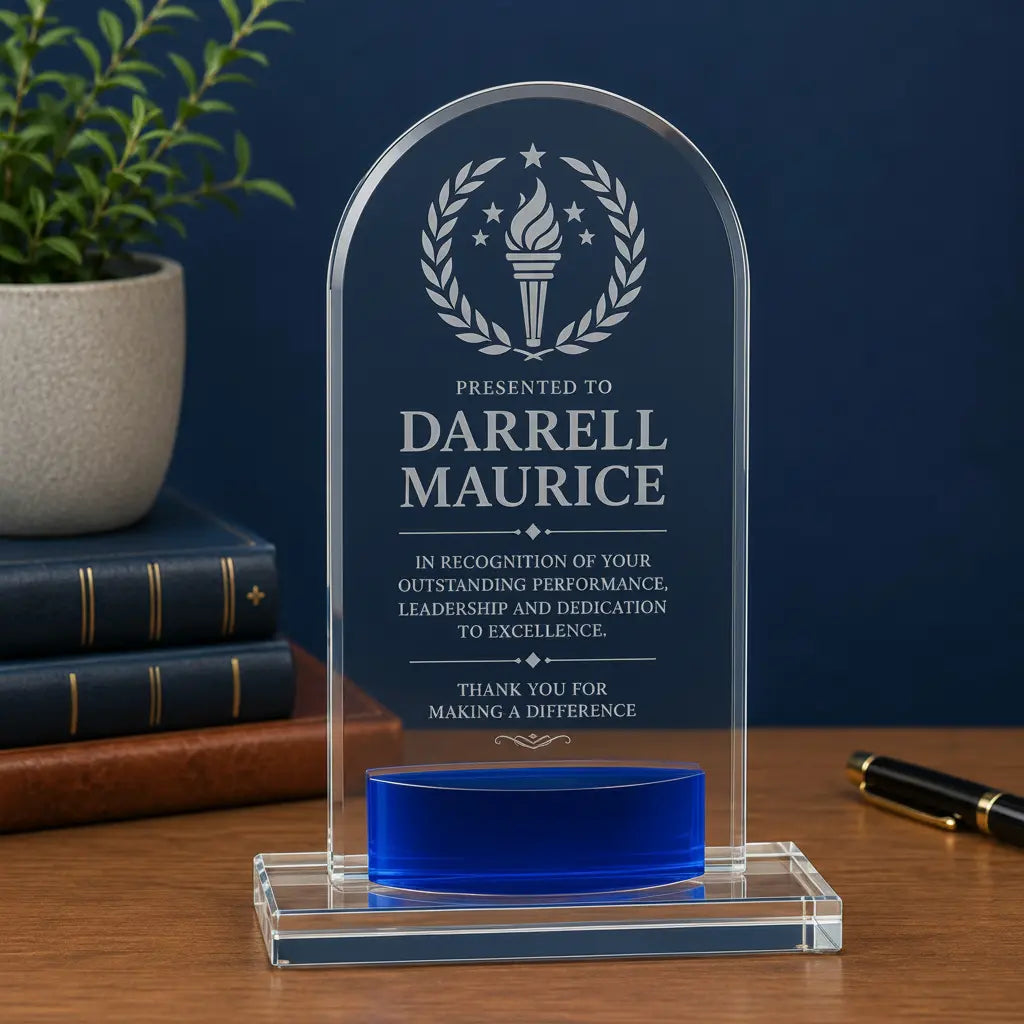 Personalized Crystal Arch Award with Blue Accent | Custom Engraved Recognition Award Sams Engraving and Gifts