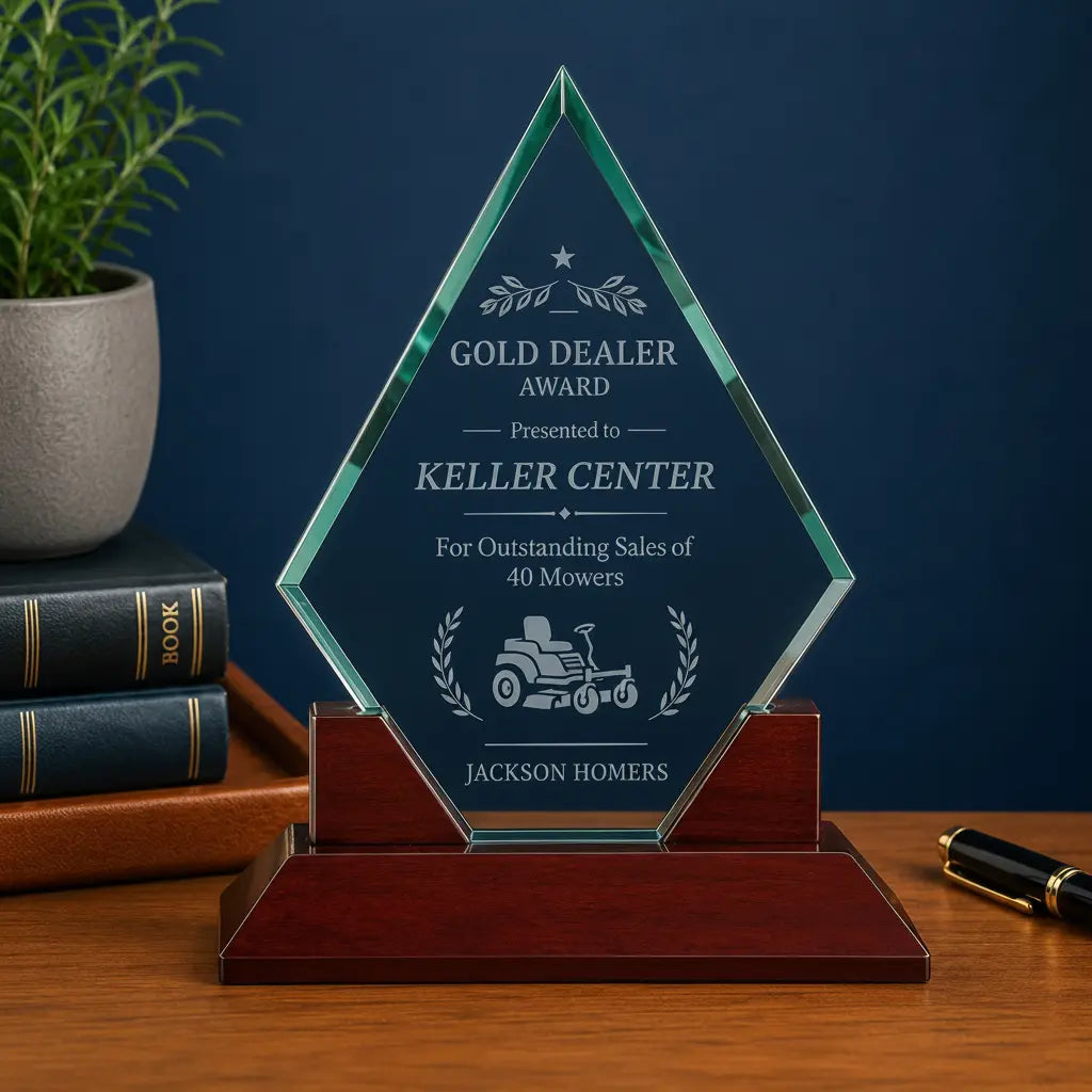 Personalized Diamond Prestige Glass Award with Rosewood Base | Custom Engraved Recognition Award Sams Engraving and Gifts