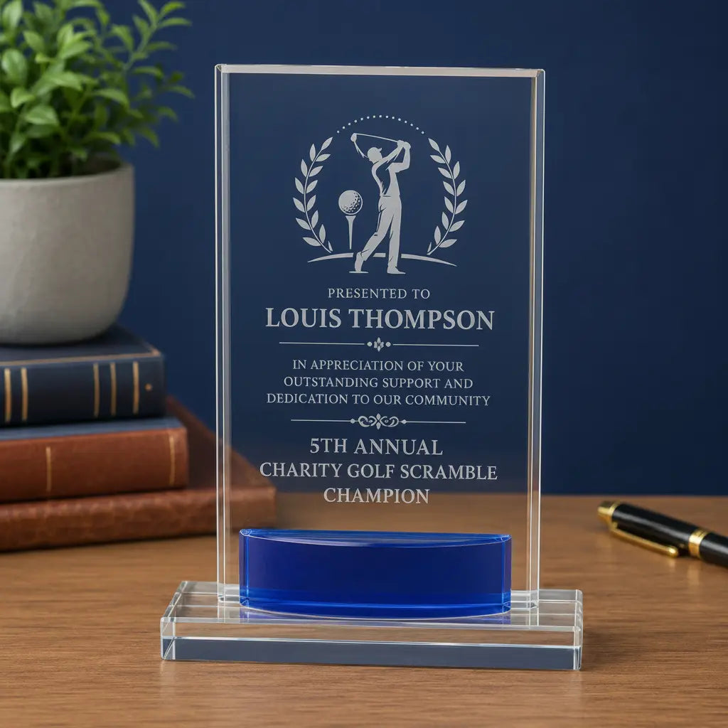 Personalized Rectangle Crystal Award with Blue Accent | Custom Engraved Recognition Award Sams Engraving and Gifts