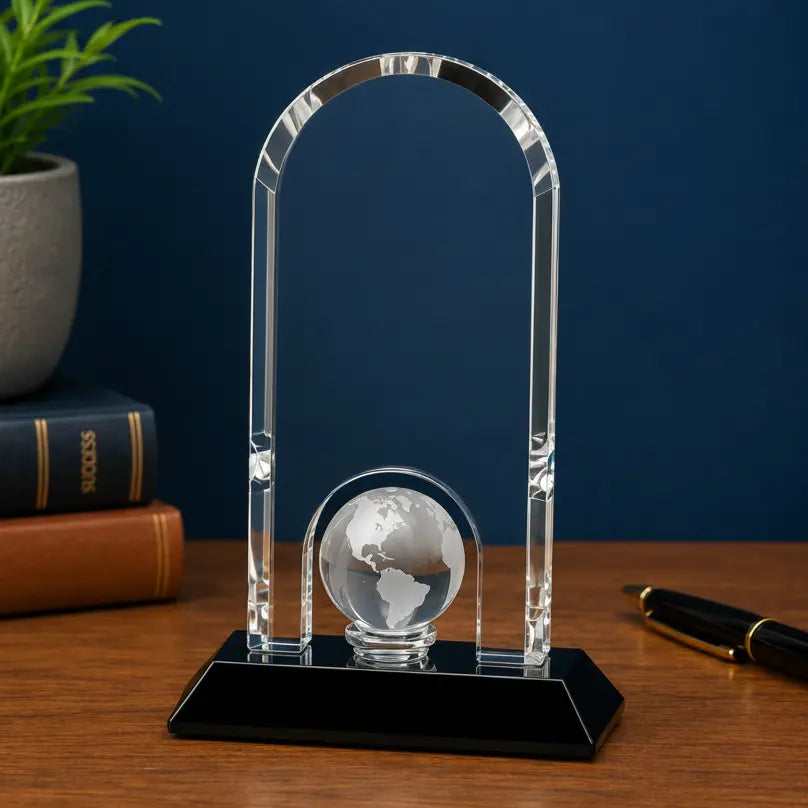 Personalized Crystal Globe Dome Award with Black Pedestal Base | Custom Engraved Recognition Award Sams Engraving and Gifts