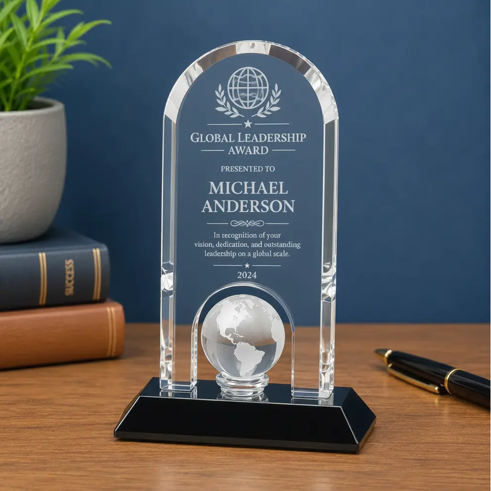 Personalized Crystal Globe Dome Award with Black Pedestal Base | Custom Engraved Recognition Award Sams Engraving and Gifts