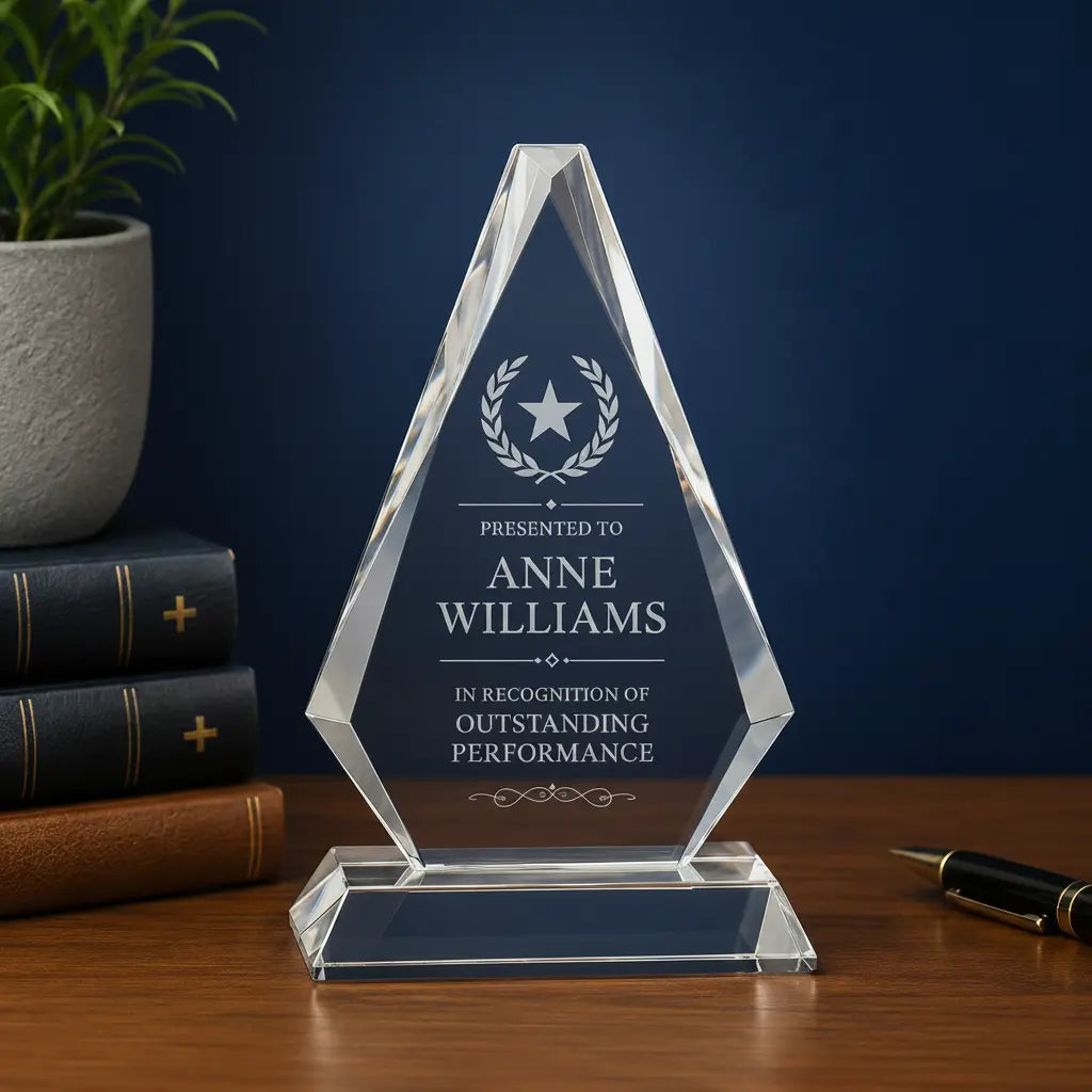 Personalized Crystal Triangle Award on Clear Pedestal Base | Custom Engraved Recognition Award Sams Engraving and Gifts