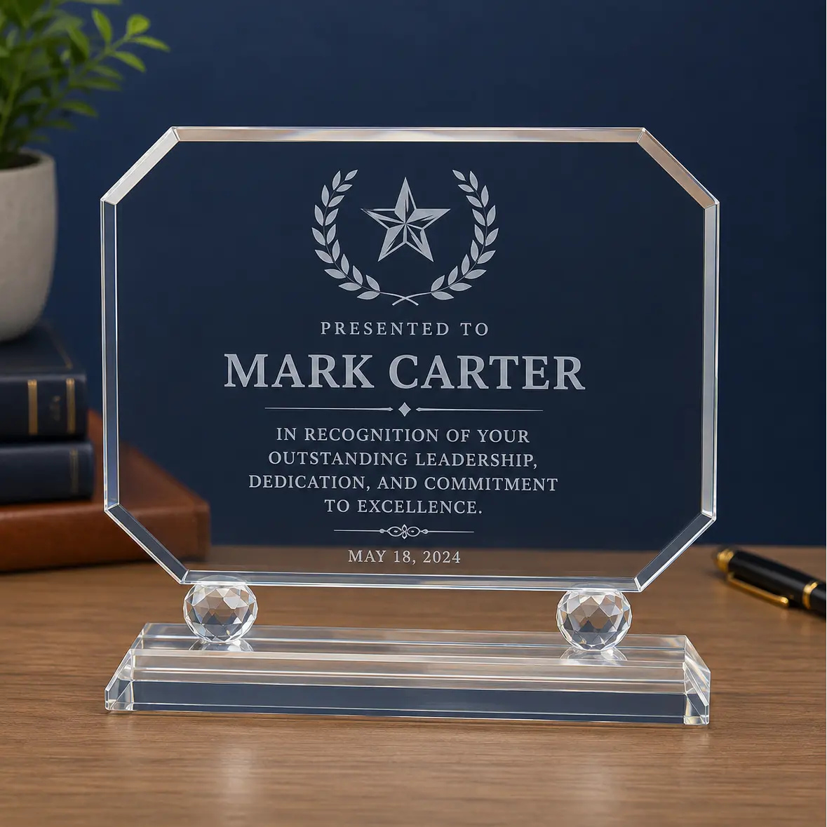 Personalized Rectangle Crystal Award on Clear Pedestal Base | Custom Engraved Recognition Award Sams Engraving and Gifts