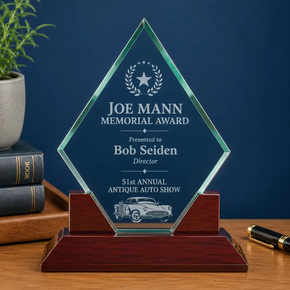 Personalized Diamond Prestige Glass Award with Rosewood Base | Custom Engraved Recognition Award Sams Engraving and Gifts