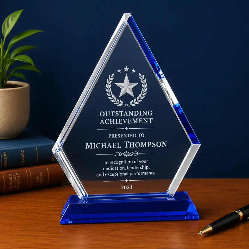 Personalized Crystal Diamond Award with Blue Pedestal Base | Custom Engraved Recognition Award Sams Engraving and Gifts
