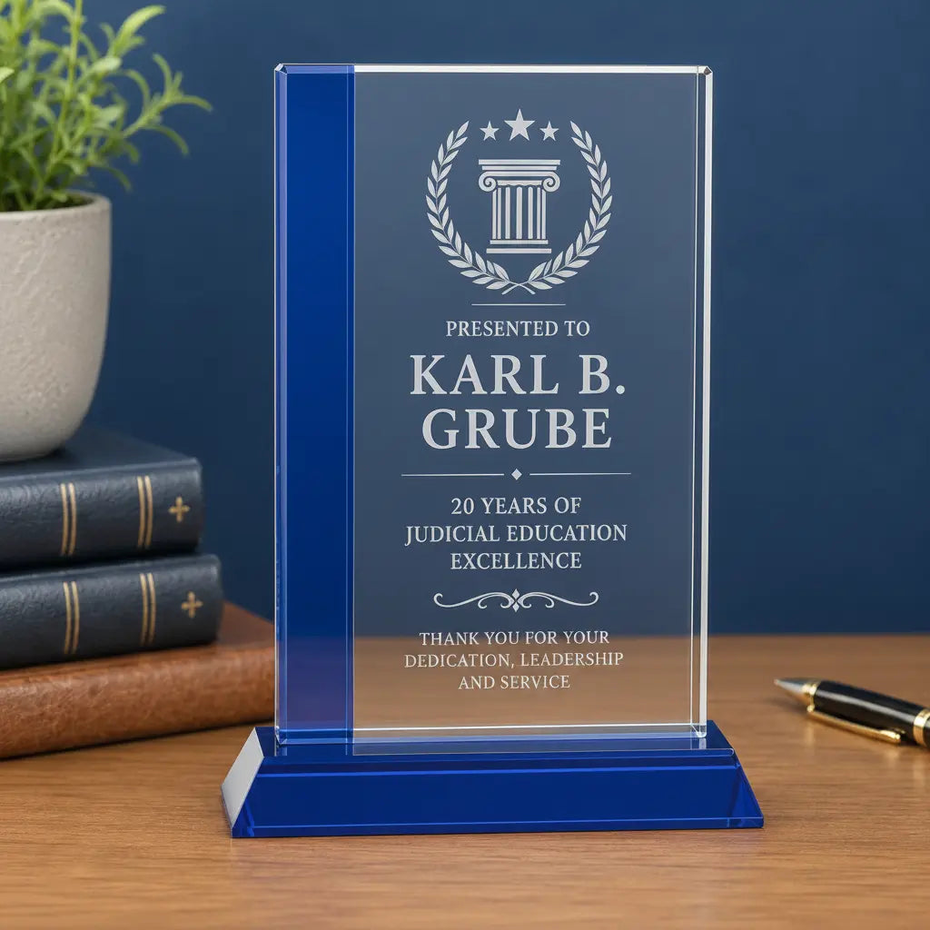 Personalized Blue Edge Crystal Award on Blue Base | Custom Engraved Recognition Award Sams Engraving and Gifts