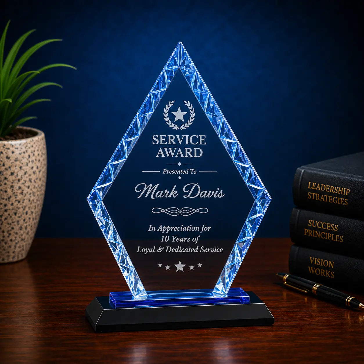 Personalized Diamond Accent Glass Award with Black or Blue Base | Custom Engraved Recognition Award Sams Engraving and Gifts