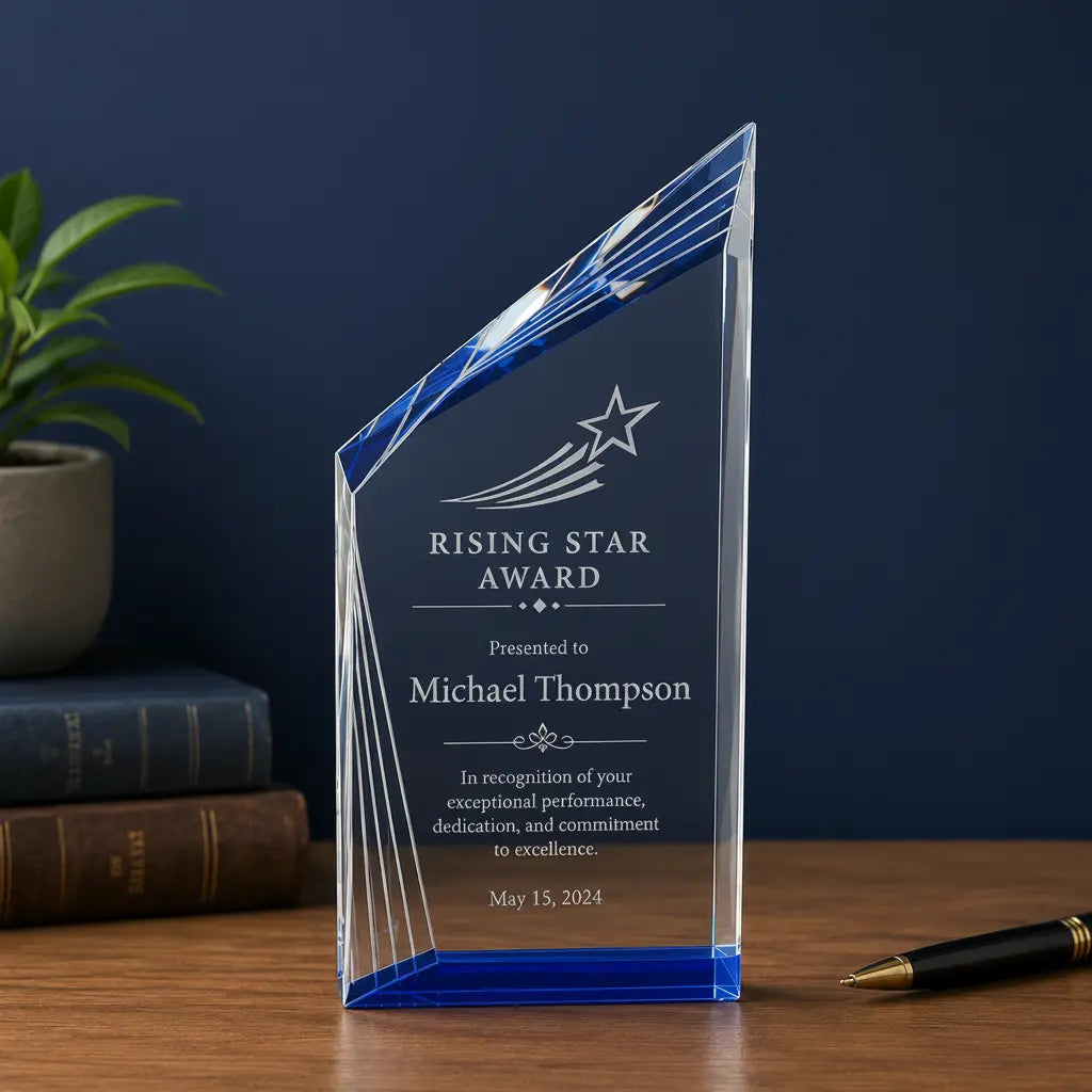 Personalized Crystal Beveled Peak Award with Blue Base | Custom Engraved Recognition Award Sams Engraving and Gifts