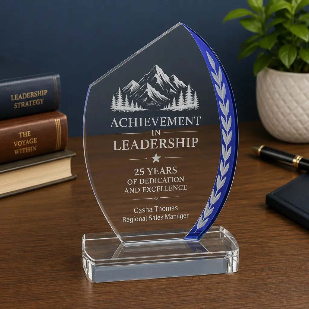Personalized Blue Slant Oval Edge Glass Award | Custom Engraved Recognition Award Sams Engraving and Gifts
