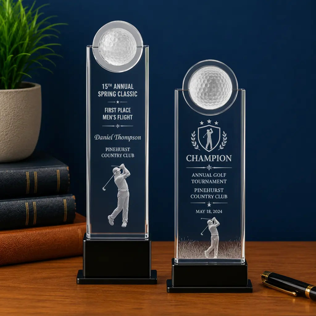 Personalized Crystal Golf Standup Award with 3D Golfer | Custom Engraved Recognition Award Sams Engraving and Gifts