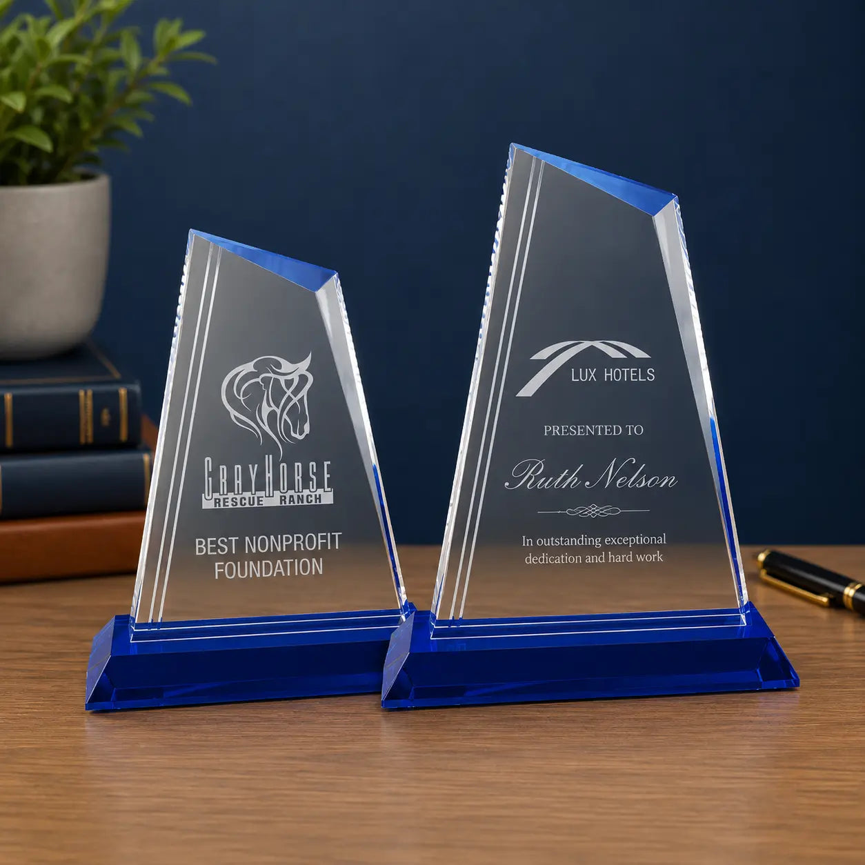 Personalized Crystal Peak Award with Blue Base | Custom Engraved Recognition Award Sams Engraving and Gifts