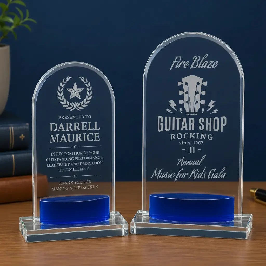 Personalized Crystal Arch Award with Blue Accent | Custom Engraved Recognition Award Sams Engraving and Gifts