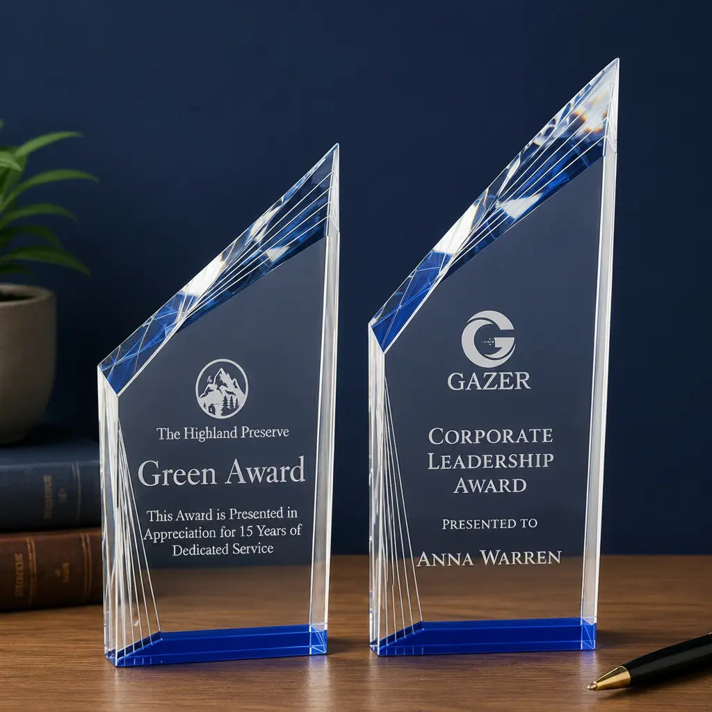 Personalized Crystal Beveled Peak Award with Blue Base | Custom Engraved Recognition Award Sams Engraving and Gifts