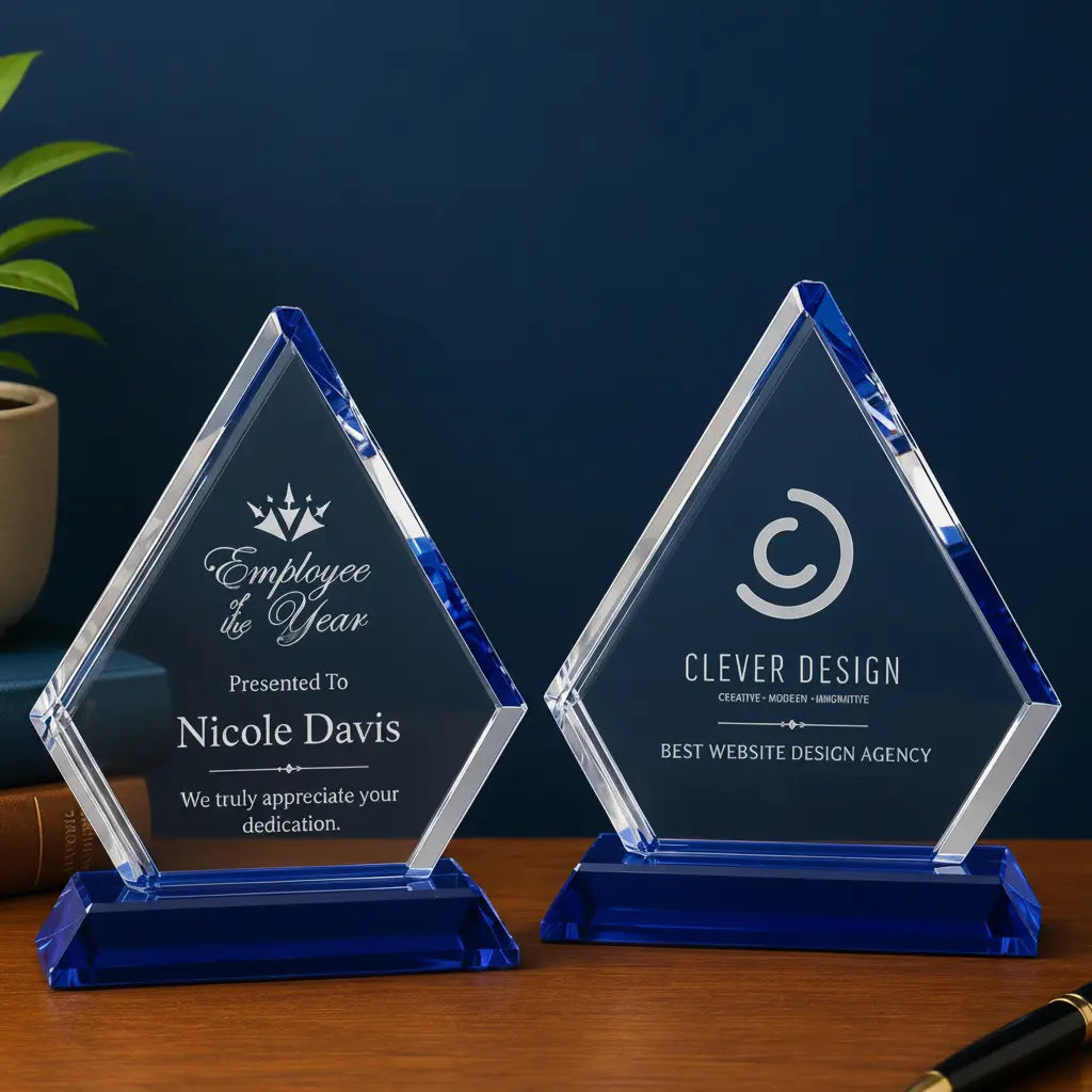Personalized Crystal Diamond Award with Blue Pedestal Base | Custom Engraved Recognition Award Sams Engraving and Gifts