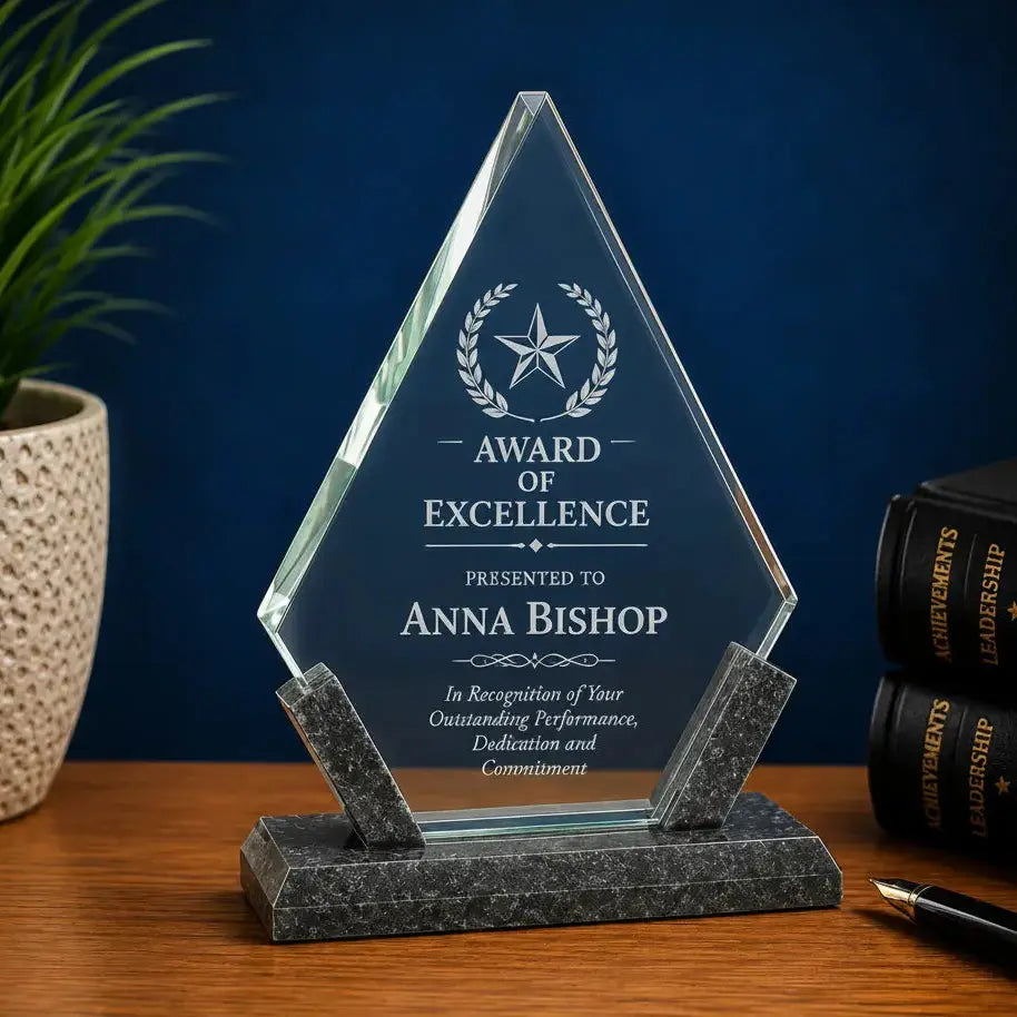 Personalized Diamond Glass Award with Black Marble Base | Custom Engraved Recognition Award Sams Engraving and Gifts