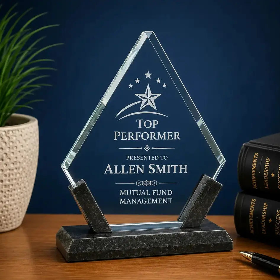 Personalized Diamond Glass Award with Black Marble Base | Custom Engraved Recognition Award Sams Engraving and Gifts