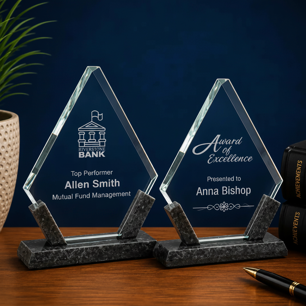Personalized Diamond Glass Award with Black Marble Base | Custom Engraved Recognition Award Sams Engraving and Gifts