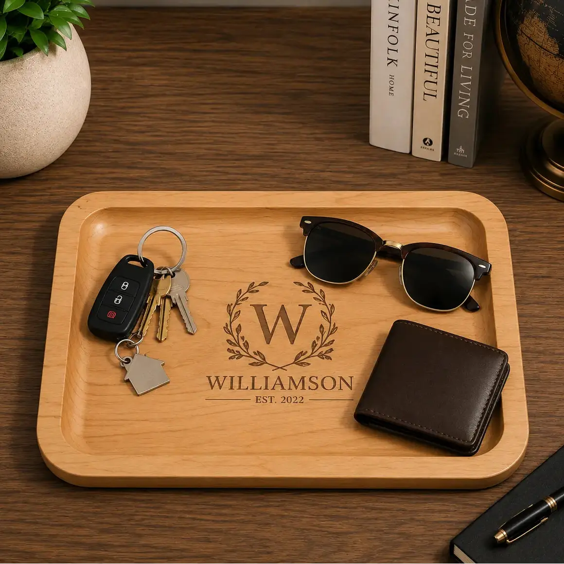 Personalized Engraved Alder Valet Tray | Custom Wooden Catchall Tray Sams Engraving and Gifts