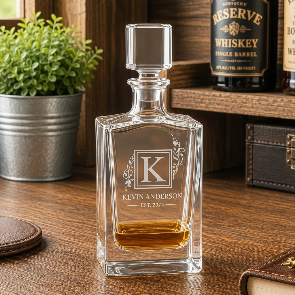 Personalized 810 mL Rectangle Glass Decanter Gift Set | Custom Laser Engraved Decanter with Black Gift Box Sams Engraving and Gifts