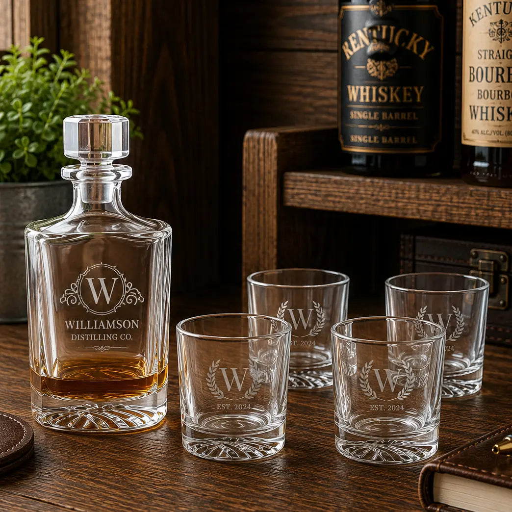 Personalized Polar Camel 850 mL Round Glass Decanter Set with Four 9 oz. Rocks Glasses | Custom Laser Engraved Gift Set Sams Engraving and Gifts