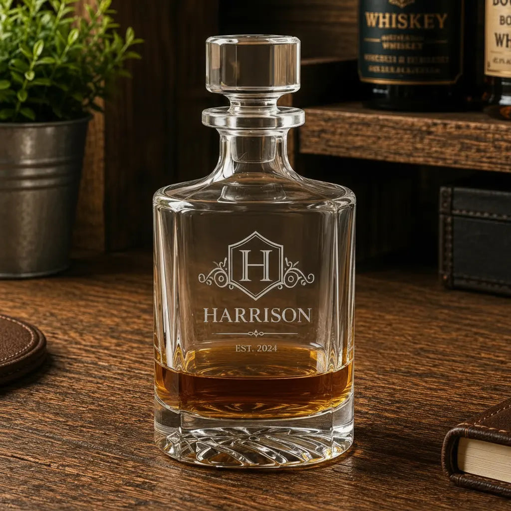 Personalized Polar Camel 850 mL Round Glass Decanter Gift Set | Custom Laser Engraved Decanter with Black Gift Box Sams Engraving and Gifts