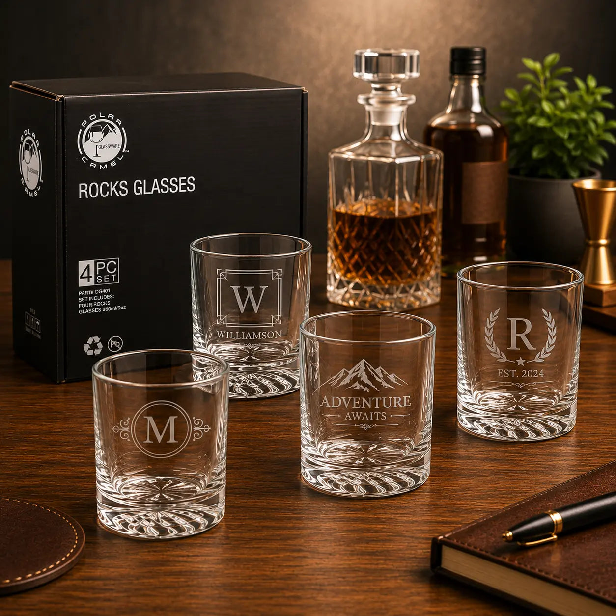 Personalized Round 9oz Rocks Glass Gift Set | Custom Engraved Whiskey Glasses Sams Engraving and Gifts