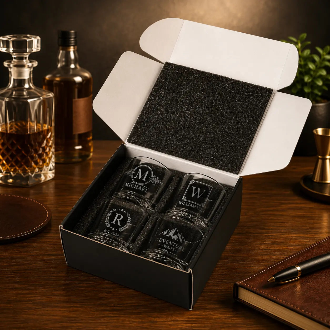Personalized Round 9oz Rocks Glass Gift Set | Custom Engraved Whiskey Glasses Sams Engraving and Gifts