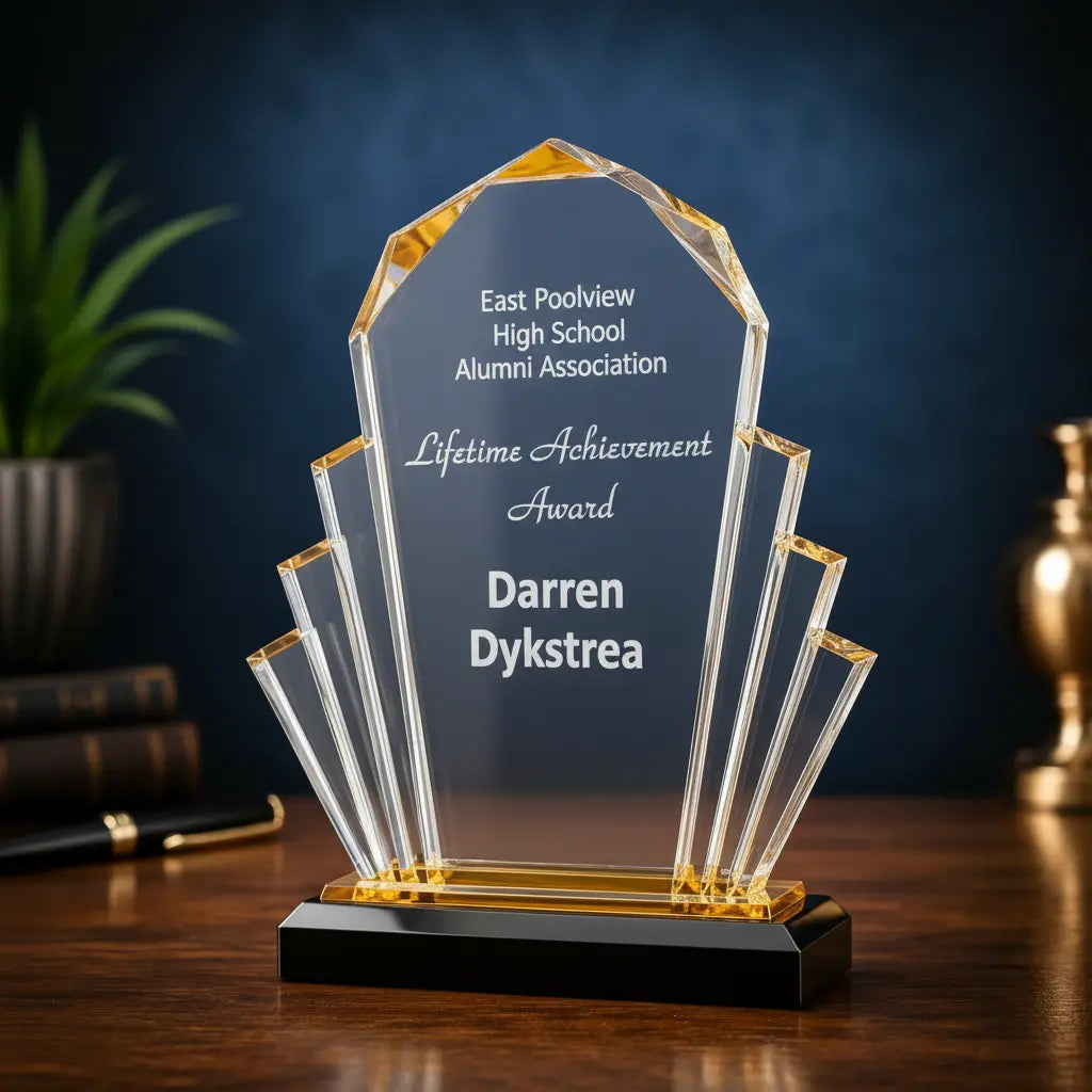 Personalized Faceted Fan Acrylic Award – Custom Engraved 6" x 9" Recognition award Sams Engraving and Gifts