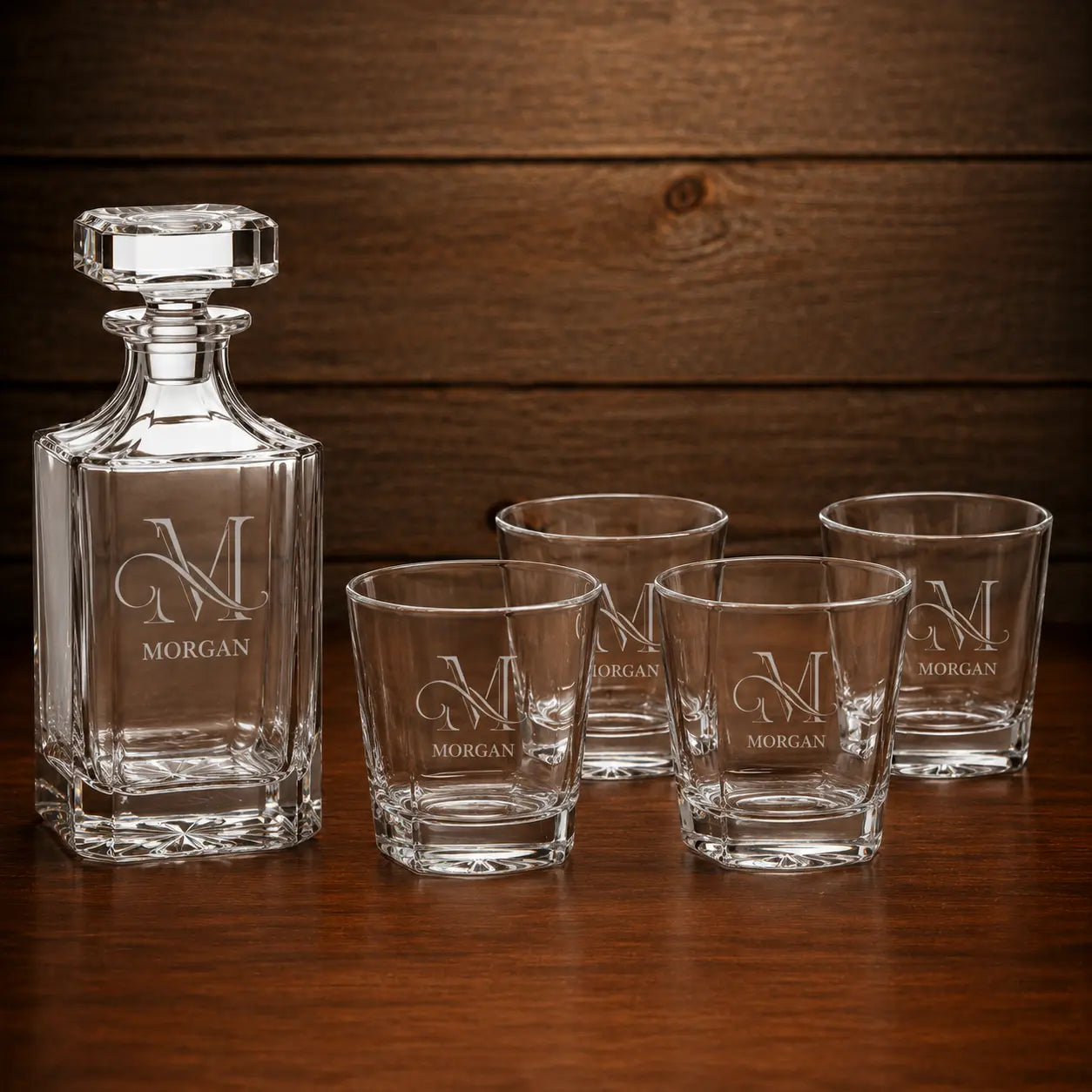 Personalized 750 mL Square Glass Decanter Set with Four 11 oz. Rocks Glasses | Custom Laser Engraved Whiskey Gift Set Sams Engraving and Gifts
