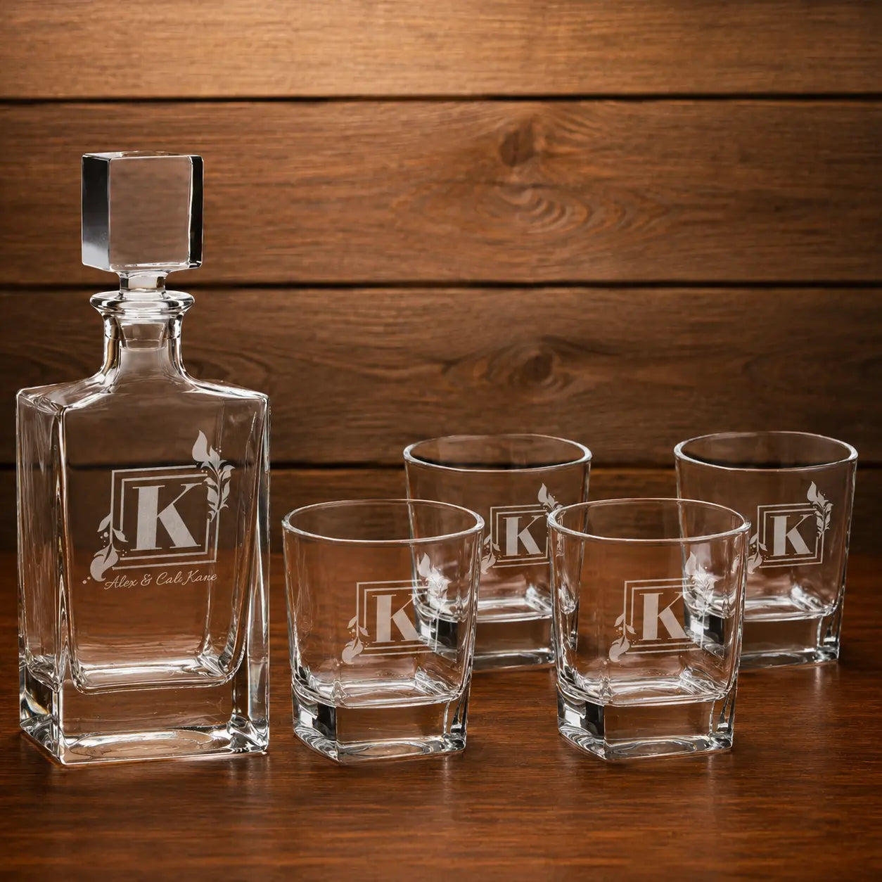 Personalized Polar Camel 810 mL Rectangle Glass Decanter Set with Four 8 oz. Rocks Glasses | Custom Laser Engraved Gift Set Sams Engraving and Gifts