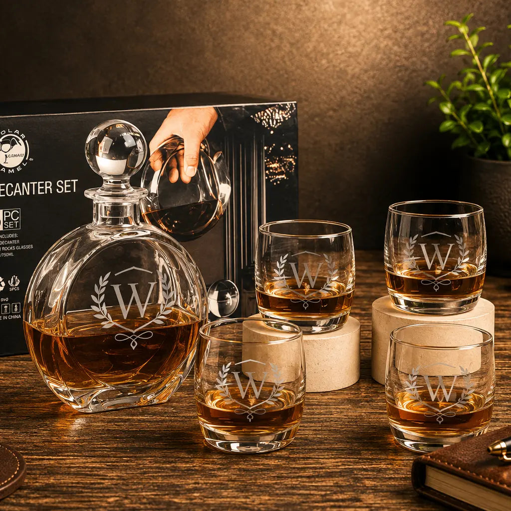 Personalized Glass Decanter Gift Set with Four Rocks Glasses | Custom Engraved Gift Set Sams Engraving and Gifts