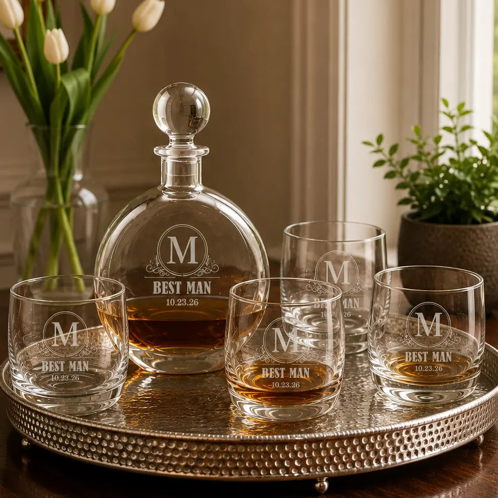Personalized Glass Decanter Gift Set with Four Rocks Glasses | Custom Engraved Gift Set Sams Engraving and Gifts