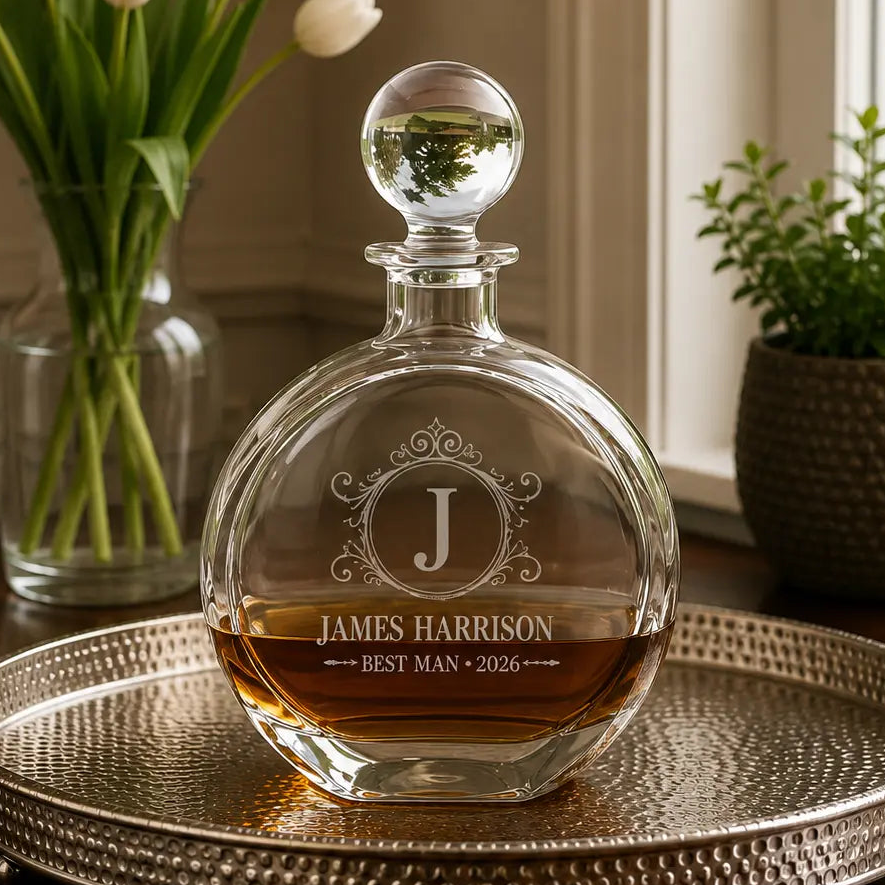 Personalized 750 mL Glass Decanter | Custom Engraved Whiskey Decanter in Black Gift Box Sams Engraving and Gifts