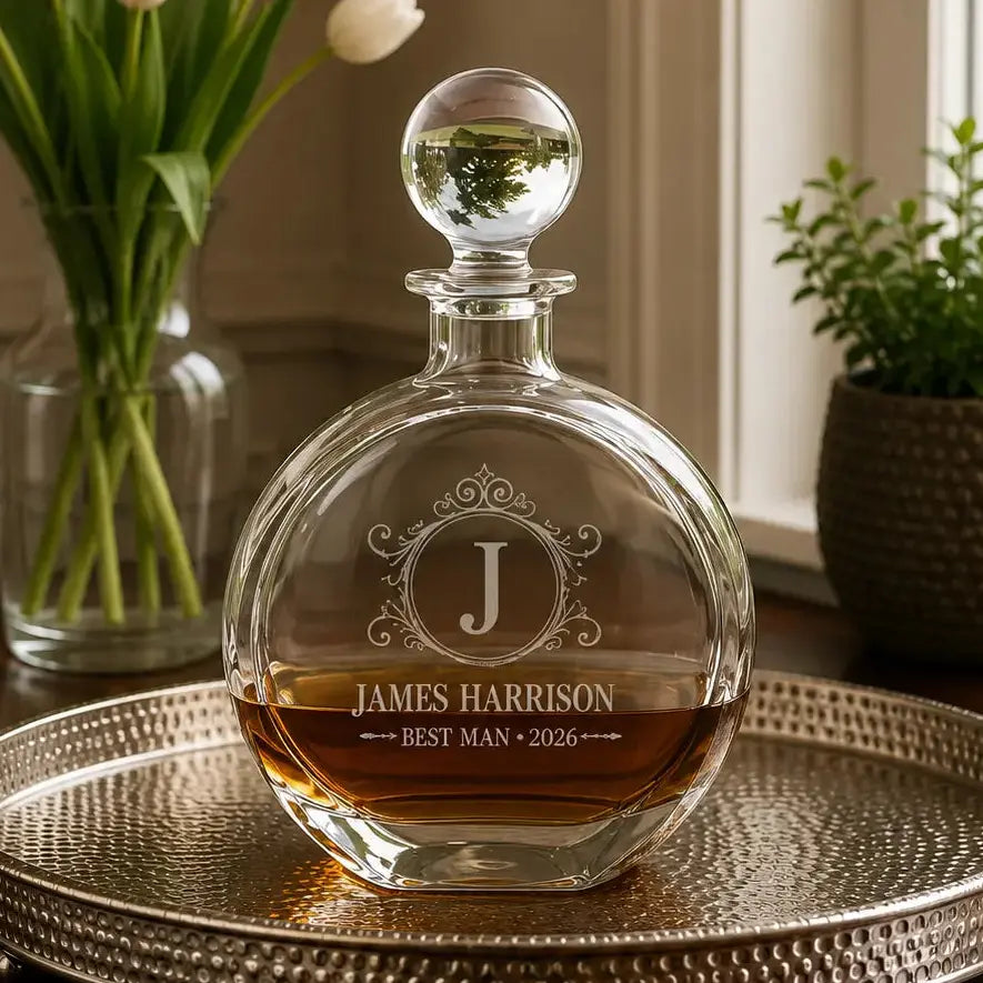 Personalized 750 mL Glass Decanter | Custom Engraved Whiskey Decanter in Black Gift Box Sams Engraving and Gifts