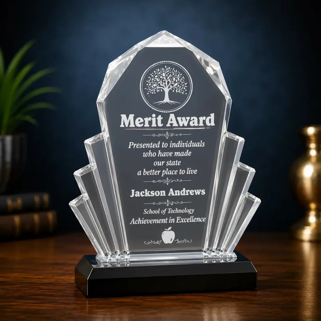 Personalized Faceted Fan Acrylic Award – Custom Engraved 6" x 9" Recognition award Sams Engraving and Gifts