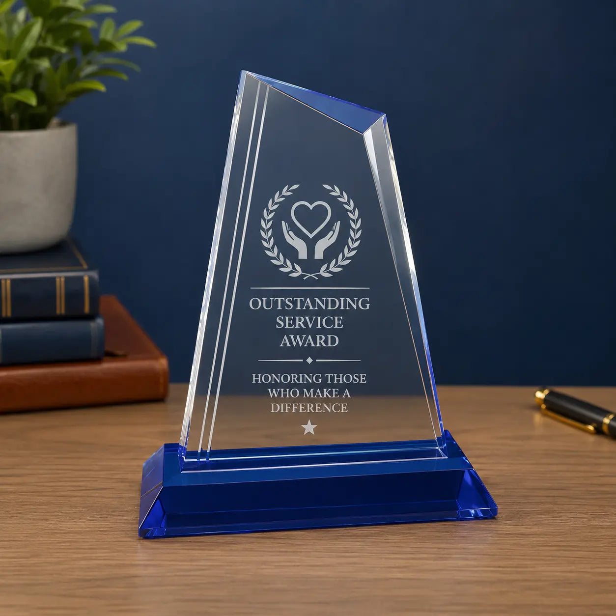 Personalized Crystal Peak Award with Blue Base | Custom Engraved Recognition Award Sams Engraving and Gifts