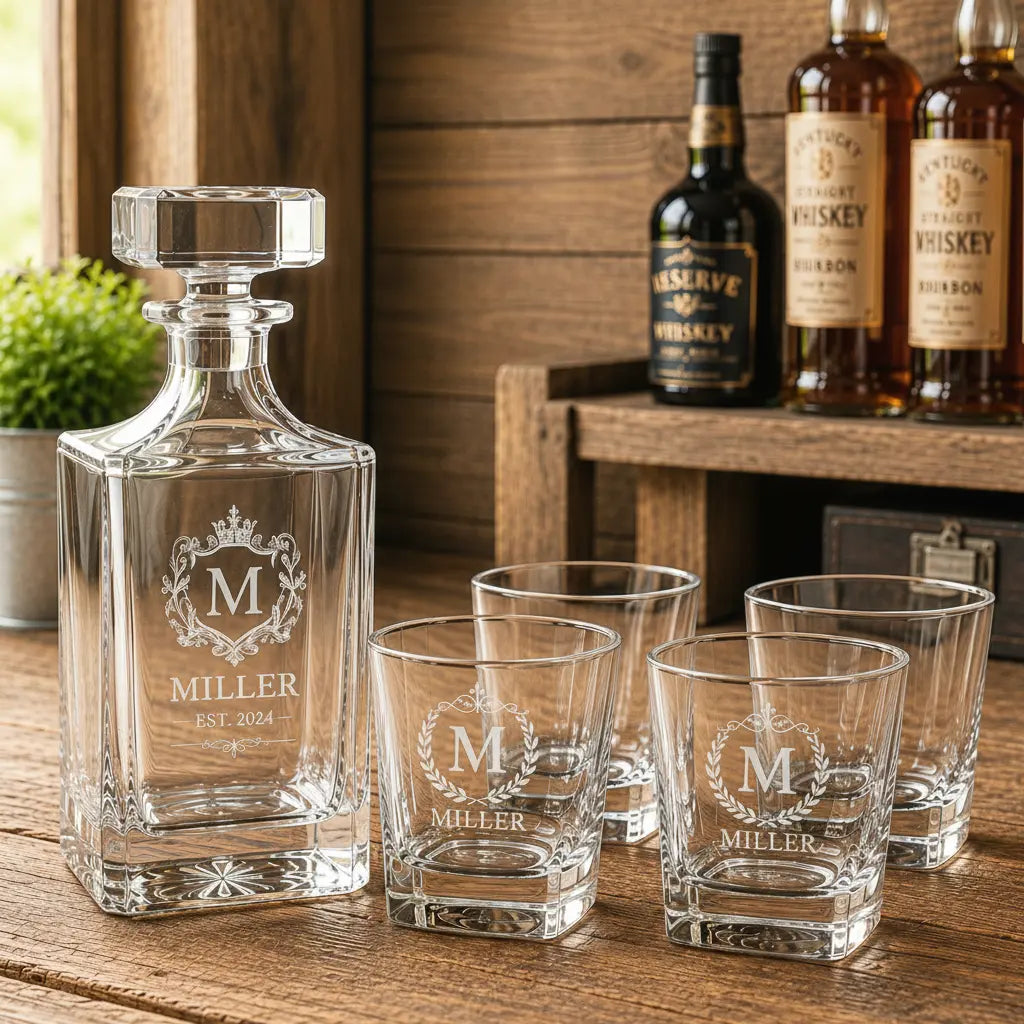 Personalized 750 mL Square Glass Decanter Set with Four 11 oz. Rocks Glasses | Custom Laser Engraved Whiskey Gift Set Sams Engraving and Gifts