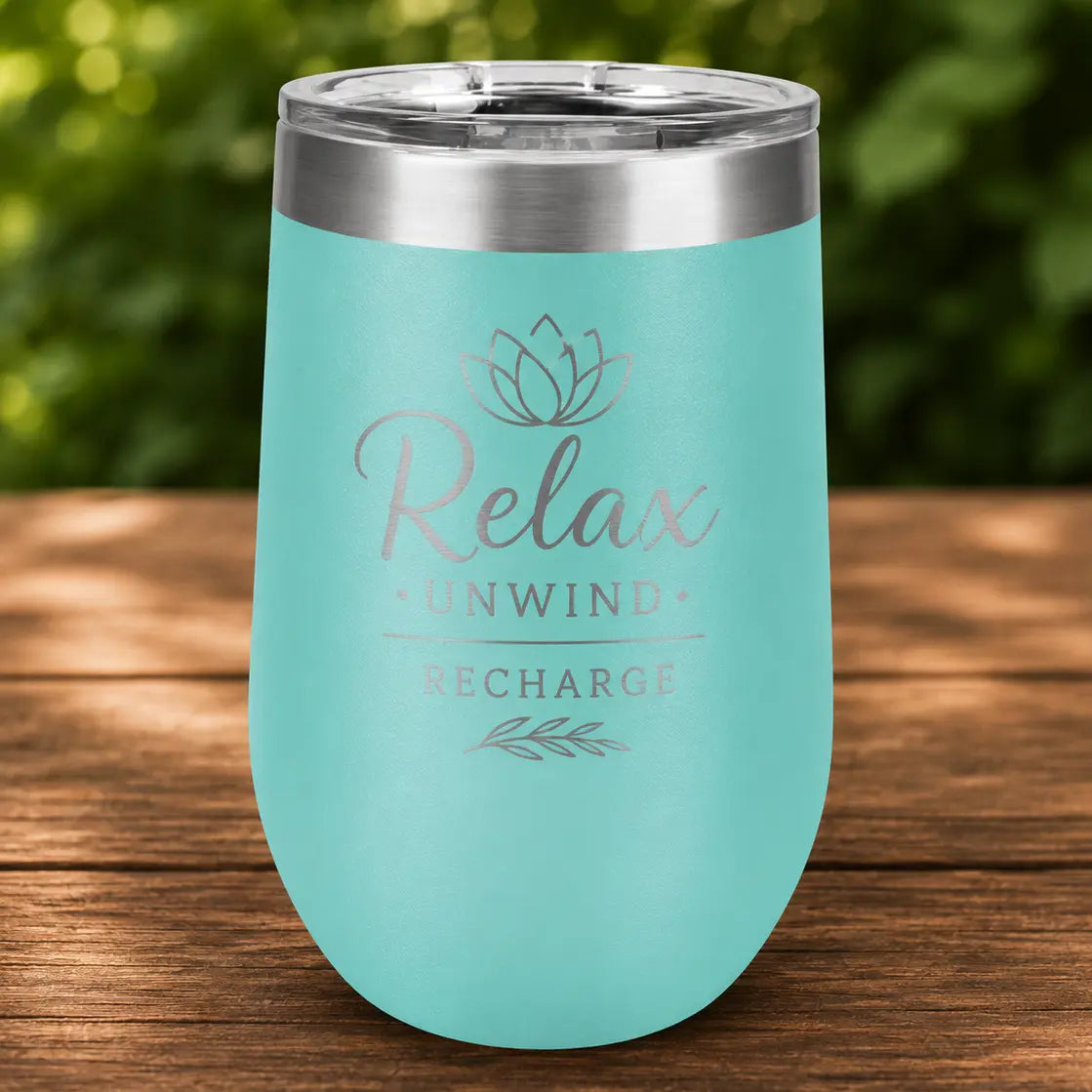 Personalized 16 oz. Stemless Wine Tumbler with Lid | Custom Laser Engraved Wine CupΒ Sams Engraving and Gifts